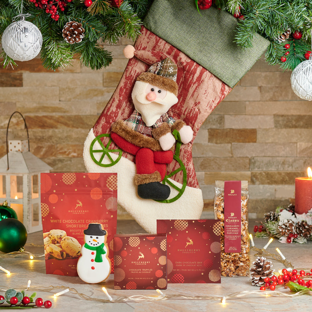 Santa Stocking &amp; Snacks Gift Set, Christmas Gift Baskets, Gourmet Gift Baskets, Christmas Stockings, Xmas Gifts, Chocolates, Cookies, Popcorn, Canada Delivery
