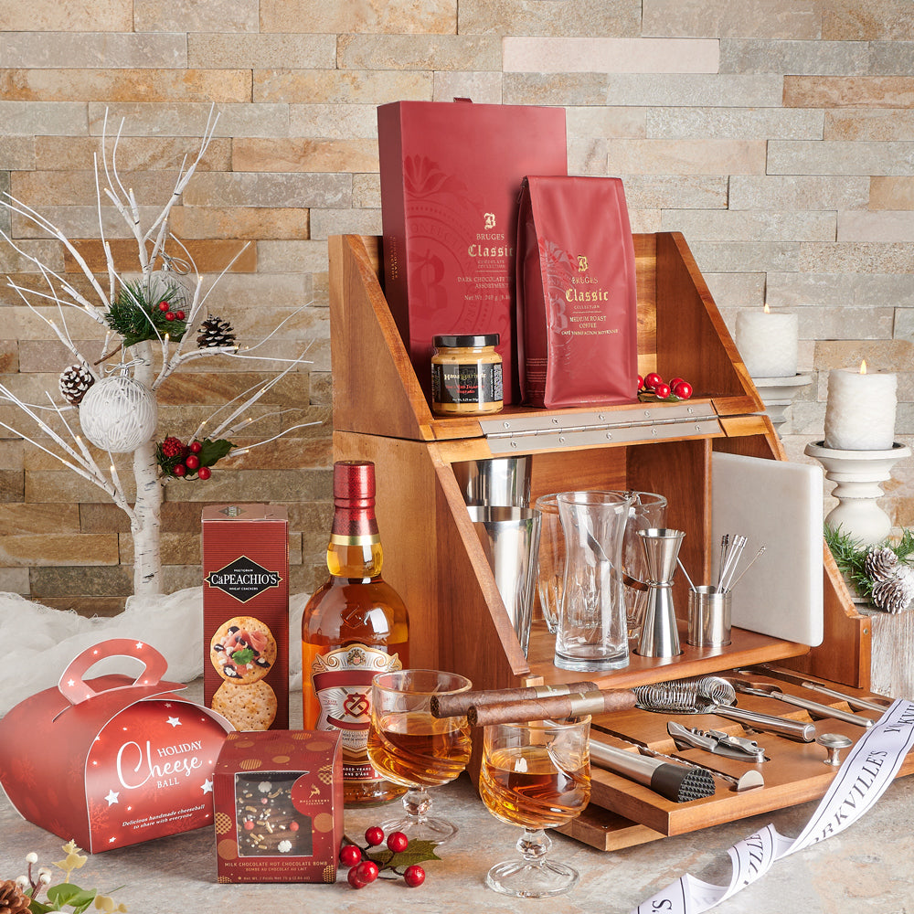 Opulent Holiday Bar Gift Set, liquor gift basket, liquor gift, liquor, gourmet gift, gourmet gift basket, gourmet, bar gift basket, bar gift, bar, tabletop bar, christmas gift basket, christmas gift, christmas, holiday gift basket, holiday gift, holiday