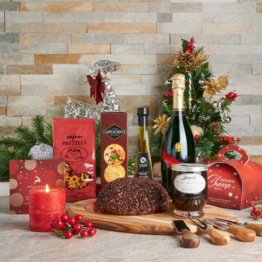 Red Velvet Cheese Ball &amp; Champagne Platter, Gourmet Gift Baskets, Champagne Gift Baskets, Christmas Gift Baskets, Xmas Gifts, Champagne, Cheeseball, Crackers, Chocolate, Pretzels, Canada Delivery