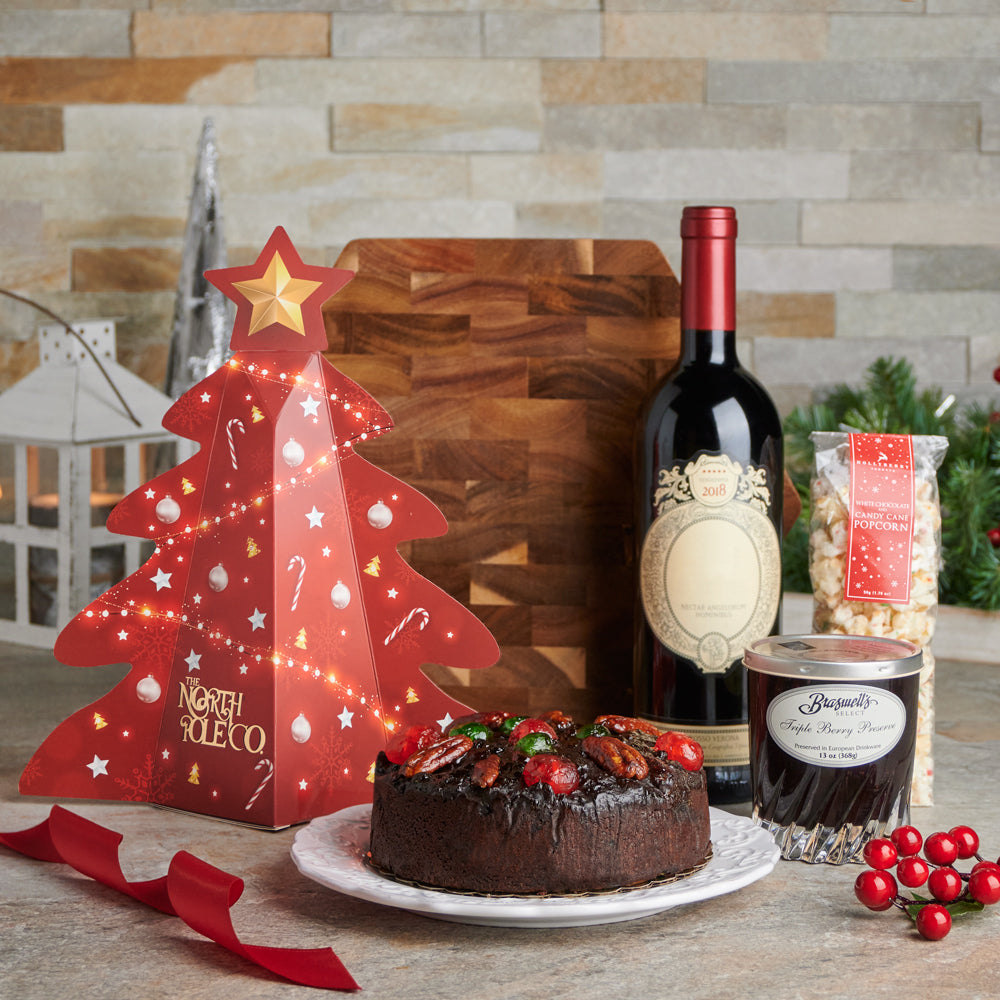 Luxurious Holiday Gift Platter, Gourmet Gift Baskets, Christmas Gift Baskets, Wine Gift Baskets, Chocolate, Wine, Fruitcake, Popcorn, Canada Delivery