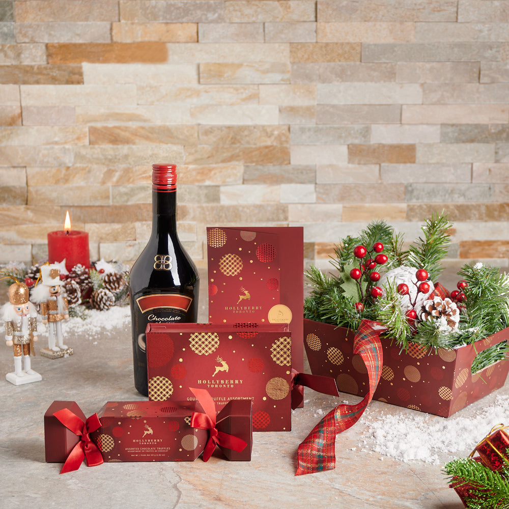 A Joyful Christmas Eve Liquor Indulgence Set, liquor gift baskets, Christmas gift baskets, gourmet gift baskets, liquor gift, liquor, christmas gift, christmas, holiday gift, holiday, chocolate gift, chocolate