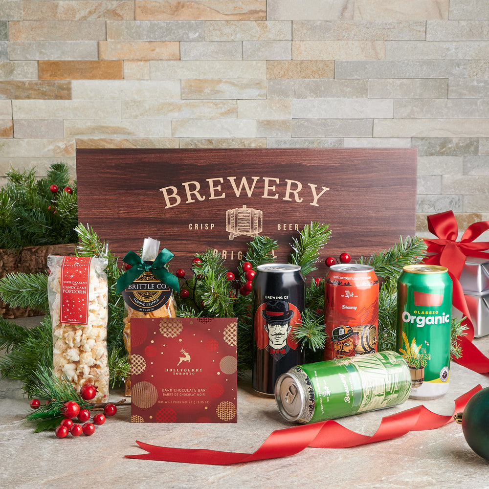Festive Christmas Beer &amp; Treats Box, Beer Gift Baskets, Christmas Gift Baskets, Gourmet Gift Baskets, Beer, Chocolate, Popcorn, Canada Delivery