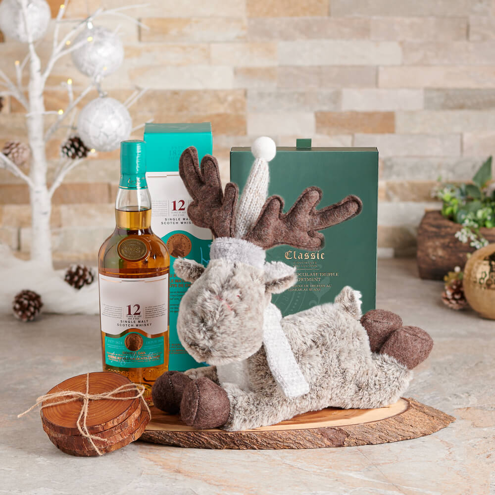 Playful Holiday Reindeer Liquor Gift Set, christmas gift, christmas, holiday gift, holiday, liquor gift, liquor, chocolate gift, chocolate, plush gift, plush