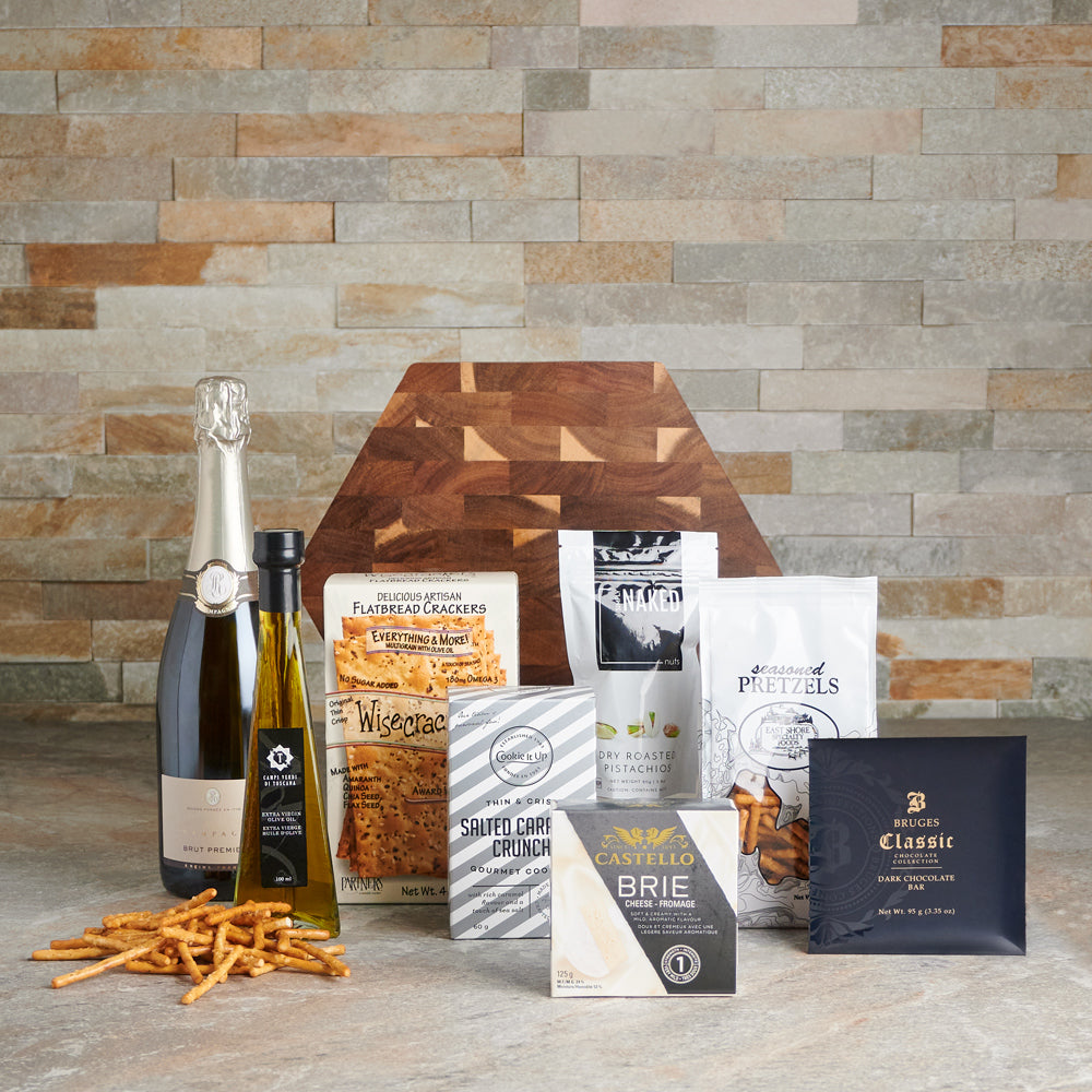 A Toast Worth Sharing Champagne Gift Board,  sparkling wine,  pretzels,  pistachio,  nuts,  gift Toronto,  gift baskets,  dark chocolate,  crackers,  chocolate,  cheese,  brie,  baskets, the perfect weekend gift set, gourmet gift set, wine gift set, gift set delivery canada, toronto