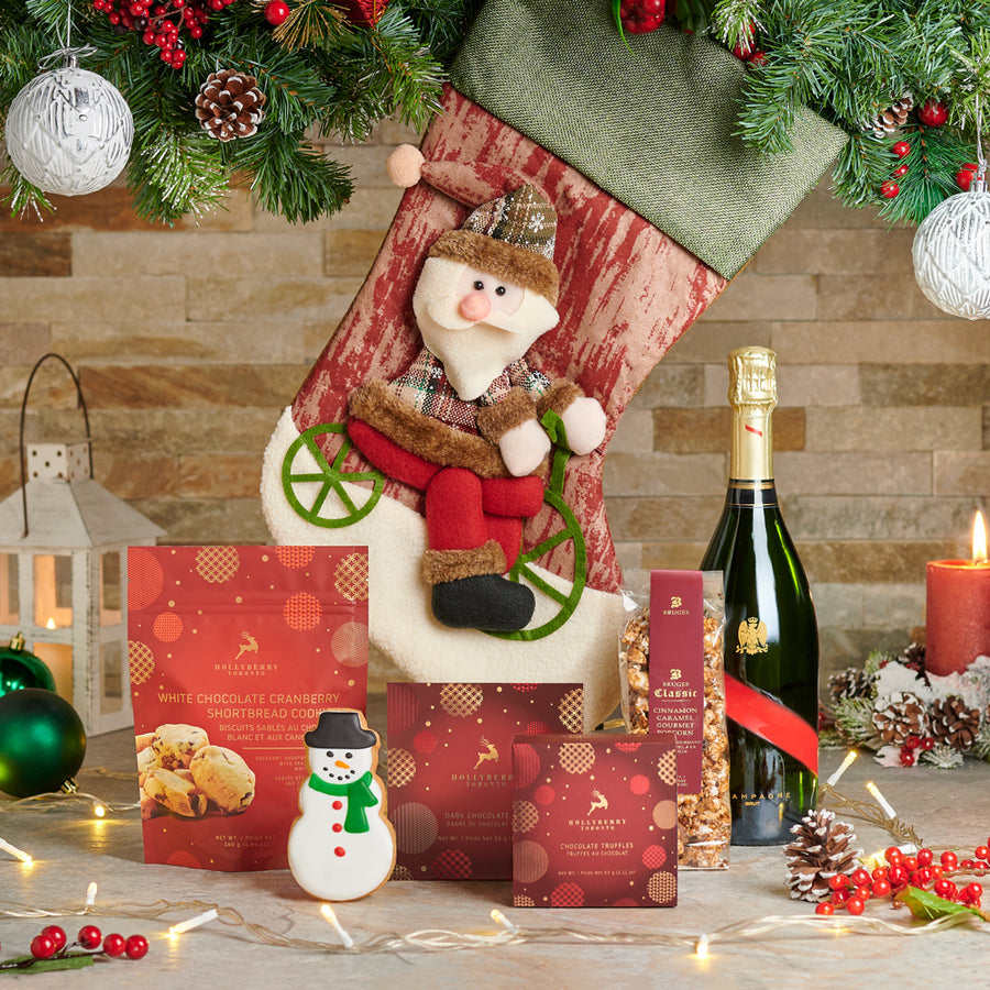 Santa Stocking & Sweets Champagne Gift Set, gourmet gifts,  gourmet,  christmas gift set,  christmas,  cookies,  Chocolate,  popcorn,  champagne gift set,  Champagne, champagne gift set delivery, delivery champagne gift set, christmas set canada, canada christmas set, toronto