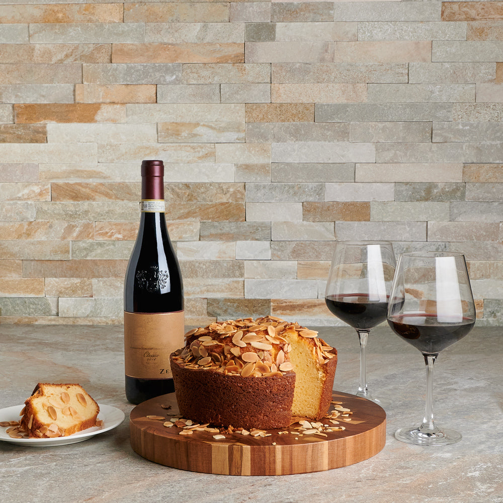 The Classic Almond Cake &amp; Wine Gift Board,  Gift Basket,  Canada Delivery,  Cake,  Wine Set,  coffee cake,  cutting board,  Mother's Day,  gourmet gifts,  gourmet