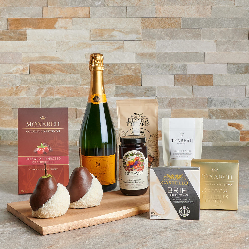 Harmony of Sweet & Champagne Gift Set, Gourmet Gift Basket,  gourmet,  Fruits Gift Basket,  cutting board,  Chocolate Dipped Pears,  Chocolate,  Champagne,  Cheese,  chocolate dipped fruit,  gourmet gift set,  pears,  artisanal,  gourmet gifts