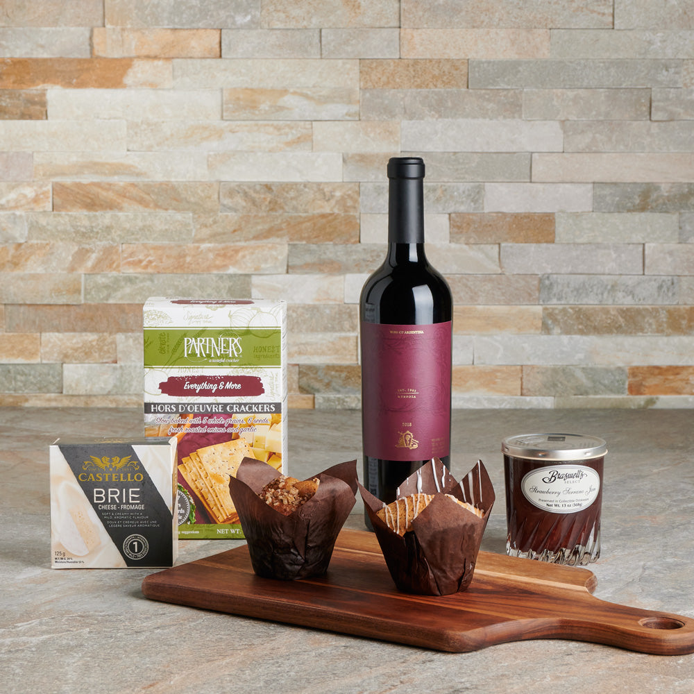 Gourmet Snack &amp; Muffins Gift Basket, muffins, wine, crackers, brie, cheese, jam, strawberry, gift baskets, wine gift baskets, muffin gift baskets, baked goods