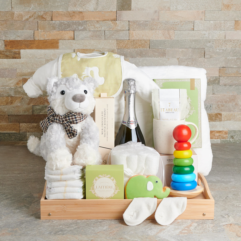 Snug Neutral Baby &amp; Champagne Gift Tray, baby gift, baby, baby shower gift, baby shower, sparkling wine gift, sparkling wine, champagne gift, champagne