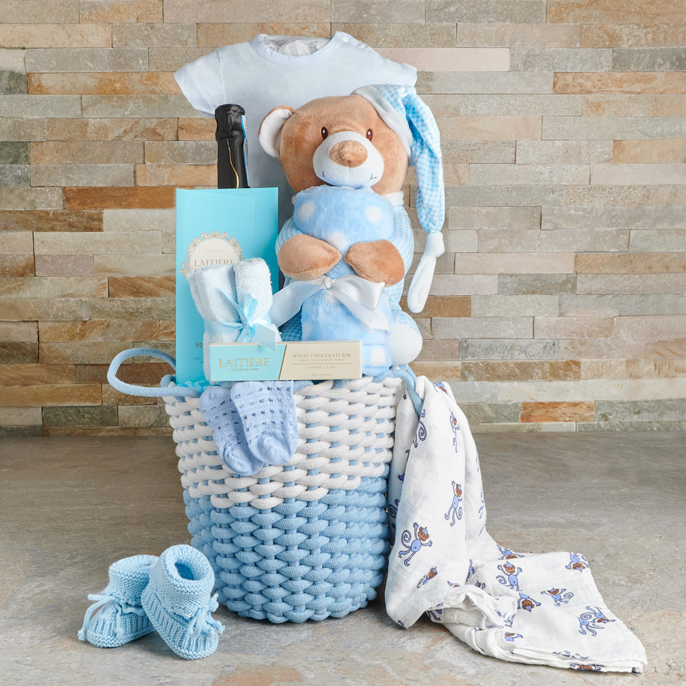 Soft & Sweet Baby Boy Gift Basket, baby gift, baby, baby boy gift, baby boy, baby shower gift, baby shower, champagne gift, champagne, sparkling wine gift, sparkling wine