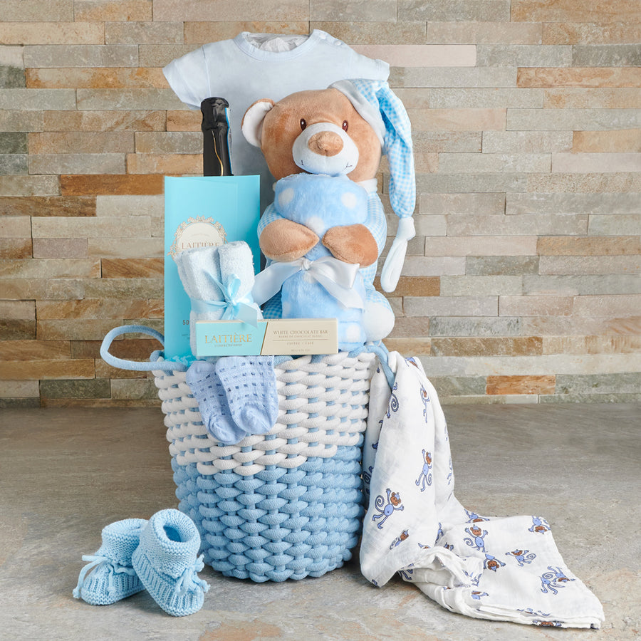 Soft & Sweet Baby Boy Gift Basket, baby gift, baby, baby boy gift, baby boy, baby shower gift, baby shower, champagne gift, champagne, sparkling wine gift, sparkling wine