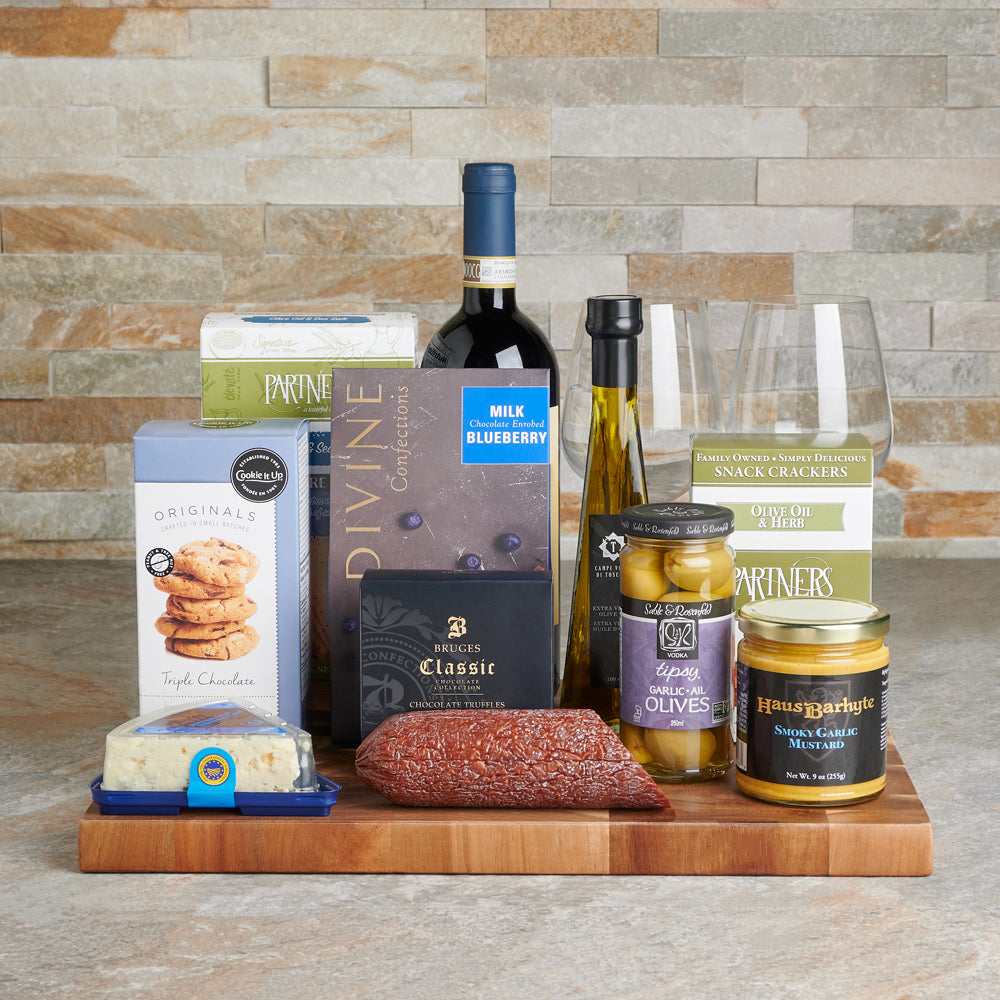 Cheese, Charcuterie & Wine Rustic Gift Basket, wine gift baskets, wine baskets, baskets, gift baskets, cheese, charcuterie, salami, gourmet