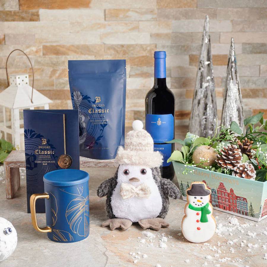 Snowman’s Wine & Treats Gift Basket, holiday gift, holiday, christmas gift, christmas, wine gift, wine, gourmet gift, gourmet
