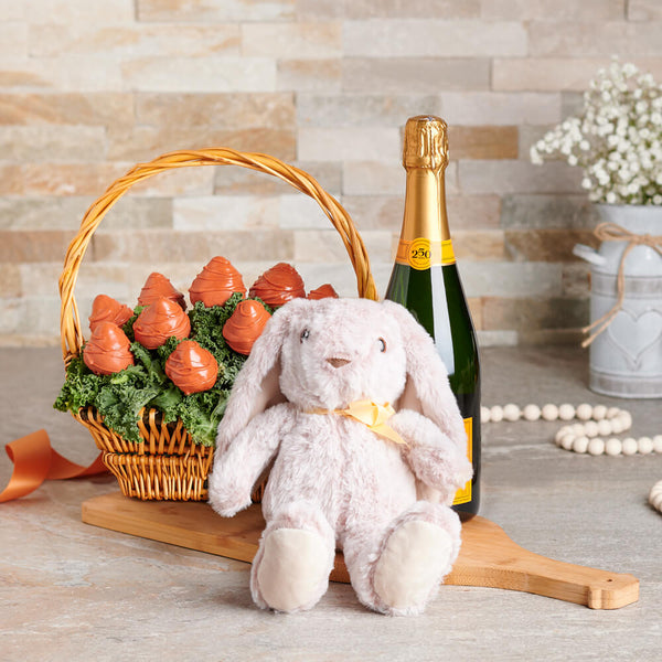 Sophisticated Easter Gift Basket, easter gift, easter, champagne gift, champagne, sparkling wine gift, sparkling wine, chocolate covered strawberries gift, chocolate covered strawberries