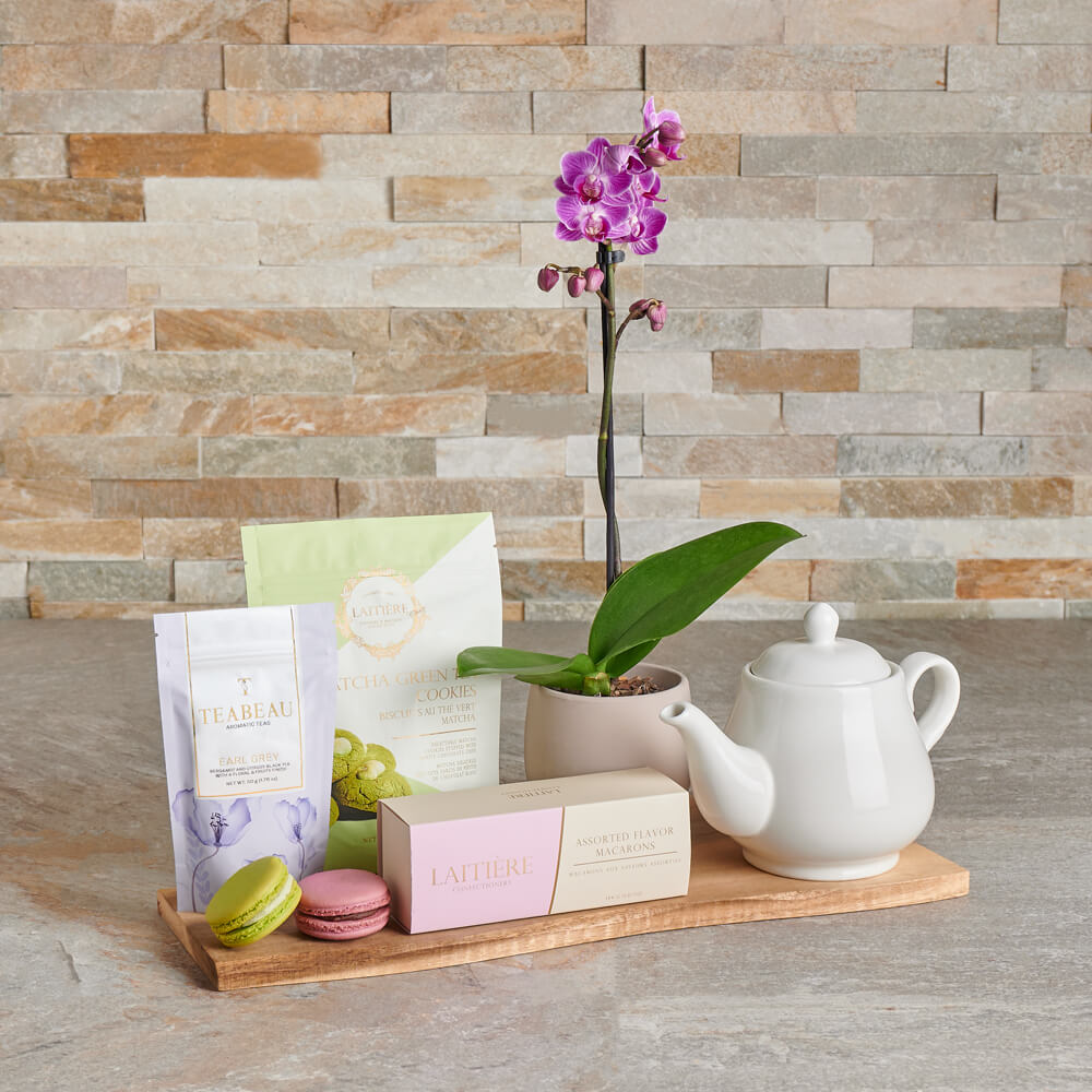 Spring Blossoms &amp; Cookies Easter Gift Basket, cookie gift, cookies, tea gift, tea, orchid gift, orchid, plant gift, plant, gourmet gift, gourmet