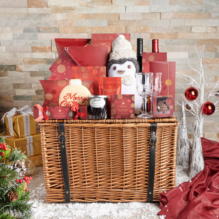 Ultimate Holiday Wine Duo Picnic Basket, wine gift, wine, christmas gift, christmas, holiday gift, holiday, luxury gift. luxury, gourmet gift, gourmet, christmas gift basket, christmas wine gift, christmas wine
