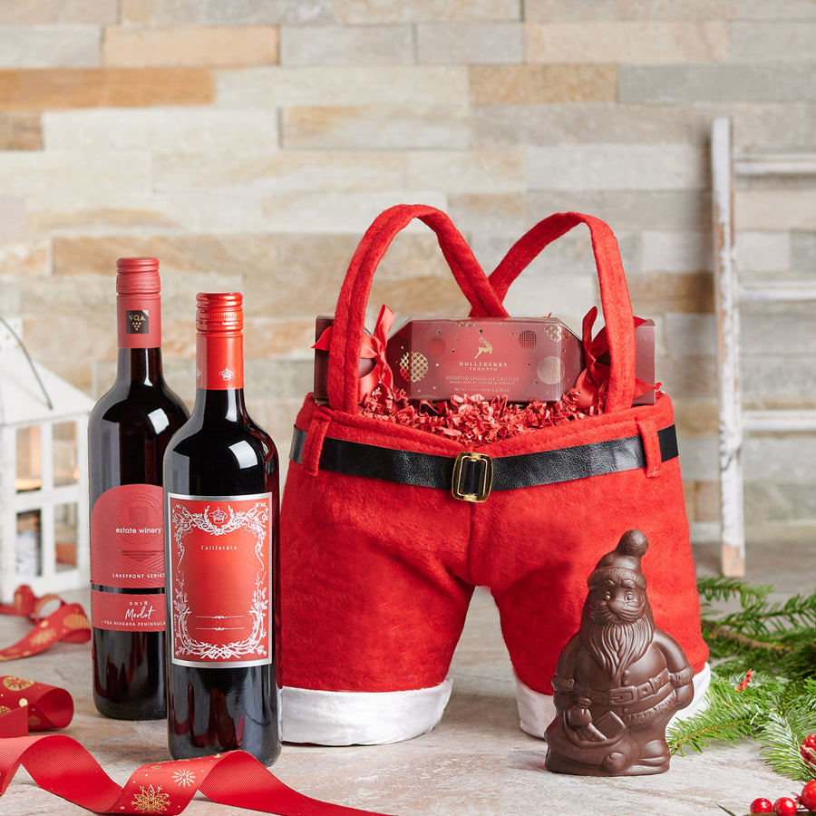 Old Saint Nick's Trousers and Treats Gift Basket, Christmas gift baskets, chocolate gift baskets, wine gift baskets