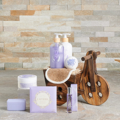 Lavender Dreams Gift Set, lavender, hand soap, hand cream, bath bomb, body butter, bar soap, soap bar, perfume, chocolate, body mitt, gift basket, wooden box, gift, delivery, Canada Delivery