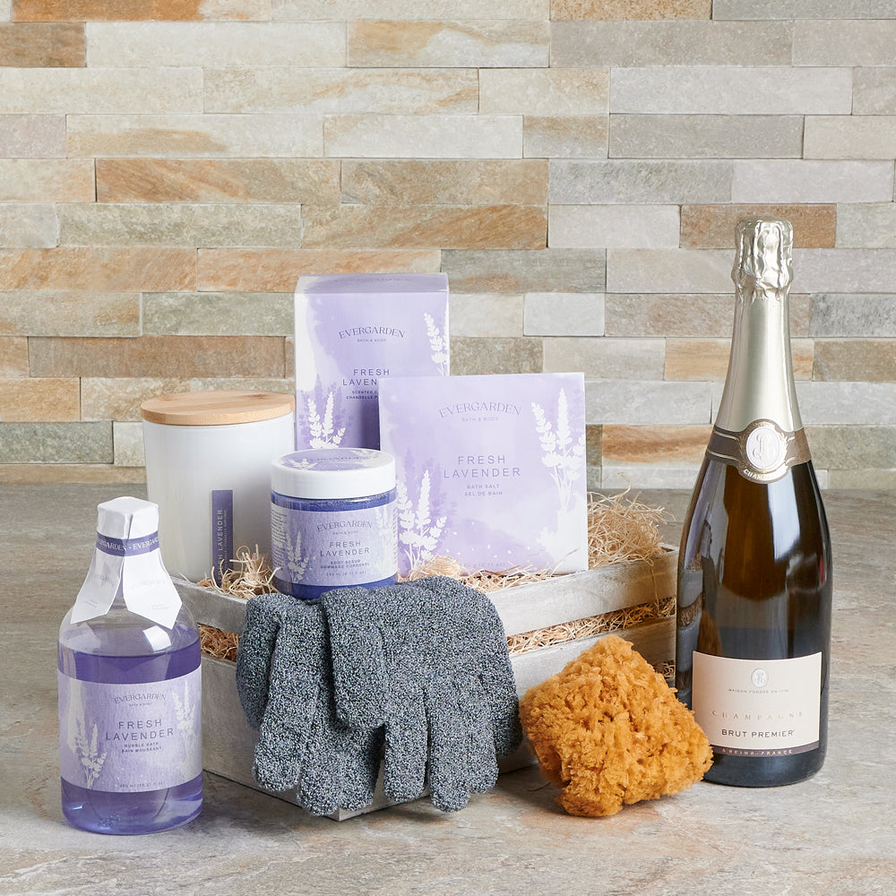 Lavender Mist Spa & Champagne Gift Set, Spa Gift Baskets, Champagne Gift Baskets, Body Scrub, Bubble Bath, Sponge, Spa Gloves, Bath Salts, Candle, Champagne, Bath and Body, Spa Gift Crate, Spa Gift Set, Diffuser, Canada Delivery