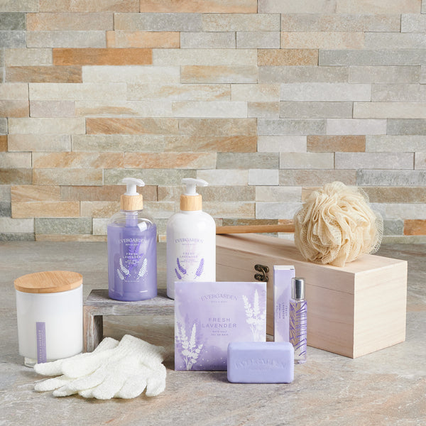 Lavender Spa Gift Set, Spa Gift Baskets, Body cream, body wash, bath salts, body scrub, bar soap, spa candle, exfoliating gloves, perfume, Luxury spa gifts, Shower gloves, Body buffer, Canada Delivery