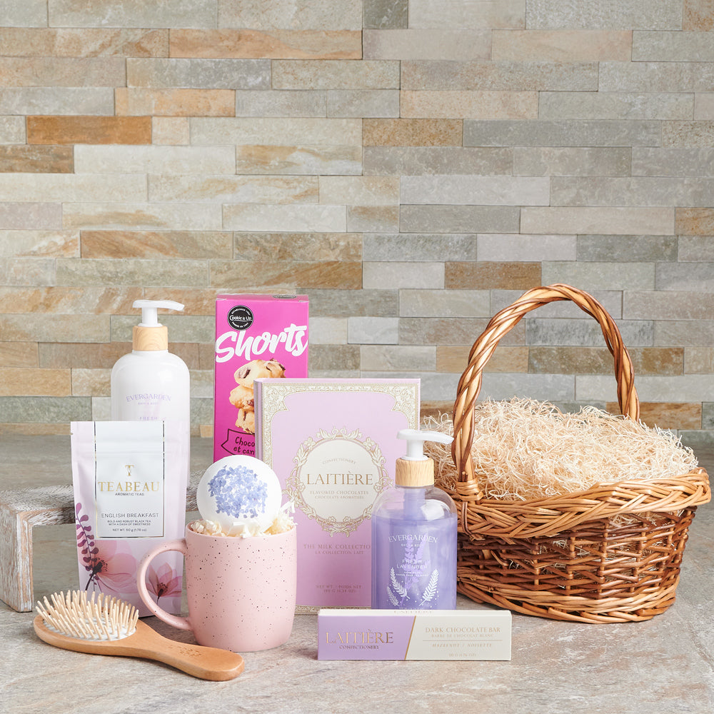 cookies, chocolate, mug , tea, mother's day, lavender, skincare, bath and body, spa, bath and tea gift basket delivery, delivery bath and tea gift basket, bath and body basket canada, canada bath and body basket, toronto