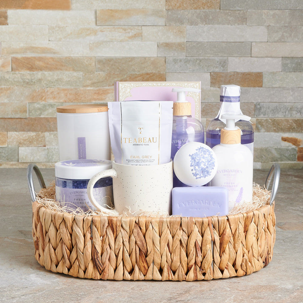 Gentle Self Care Spa Gift Basket, chocolate, candle, tea, mug, spa gift set, lavender, skincare, bath and body, spa, bath and body gift set delivery, delivery bath and body gift set, spa gift crate canada, canada spa gift crate, toronto