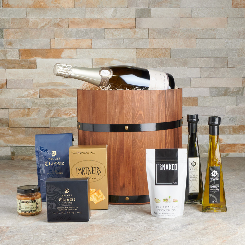 Sparkling Grandeur Gourmet Gift Barrel, Coffee, chocolate truffles, nuts, balsamic vinegar, olive oil, Champagne, champagne gift barrel delivery, delivery champagne gift barrel, champagne gift canada, canada champagne gift, toronto