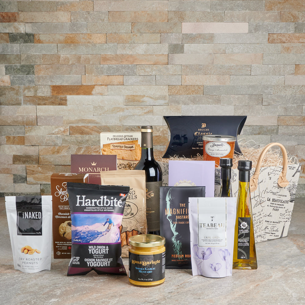 Penultimate Gourmet Wine Gift Basket, Gourmet Gift Baskets, Wine Gift Baskets, Chocolate Gift Baskets, Crackers, Tea, Chips, Canada Delivery