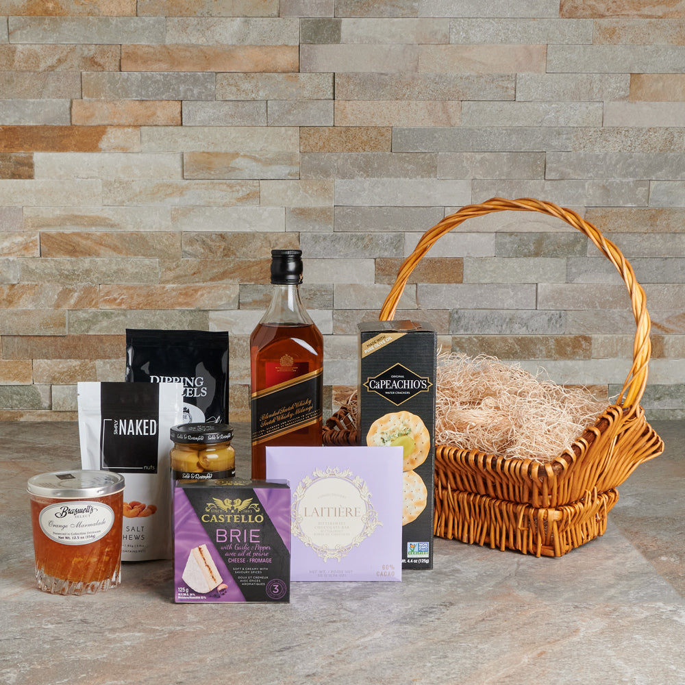 olives,  nuts,  Chocolate,  pretzels,  Cheese,  marmalade,  Liquor Gift Basket,  Liquor, liquor gift basket delivery, delivery liquor gift basket, liquor gift canada, canada liquor gift, toronto