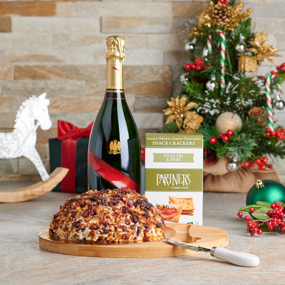 The Holiday Champagne &amp; Cheeseball Board, Christmas Gift Baskets, Champagne Gift Baskets, Xmas Gifts, Champagne, Cheeseball, Crackers, Canada Delivery