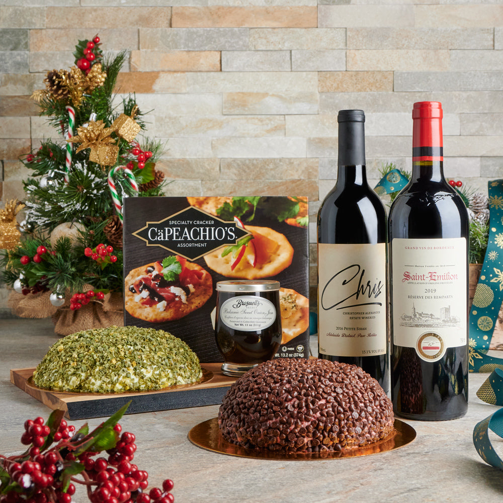 Santa’s Holiday Spread Gift Set, Wine Gift Baskets, Christmas Gift Baskets, Gourmet Gift Baskets, Xmas Gift Set, Wine, Cheeseball, Cracker, Canada Delivery