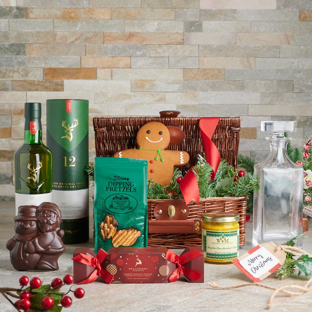 Liquor and Sweets Festive Christmas Basket, Christmas Gift Baskets, Gourmet Gift Baskets, Liquor Gift Baskets, Xmas Gifts, Liquor, Chocolate, Pretzels, Mustard, Canada Delivery
