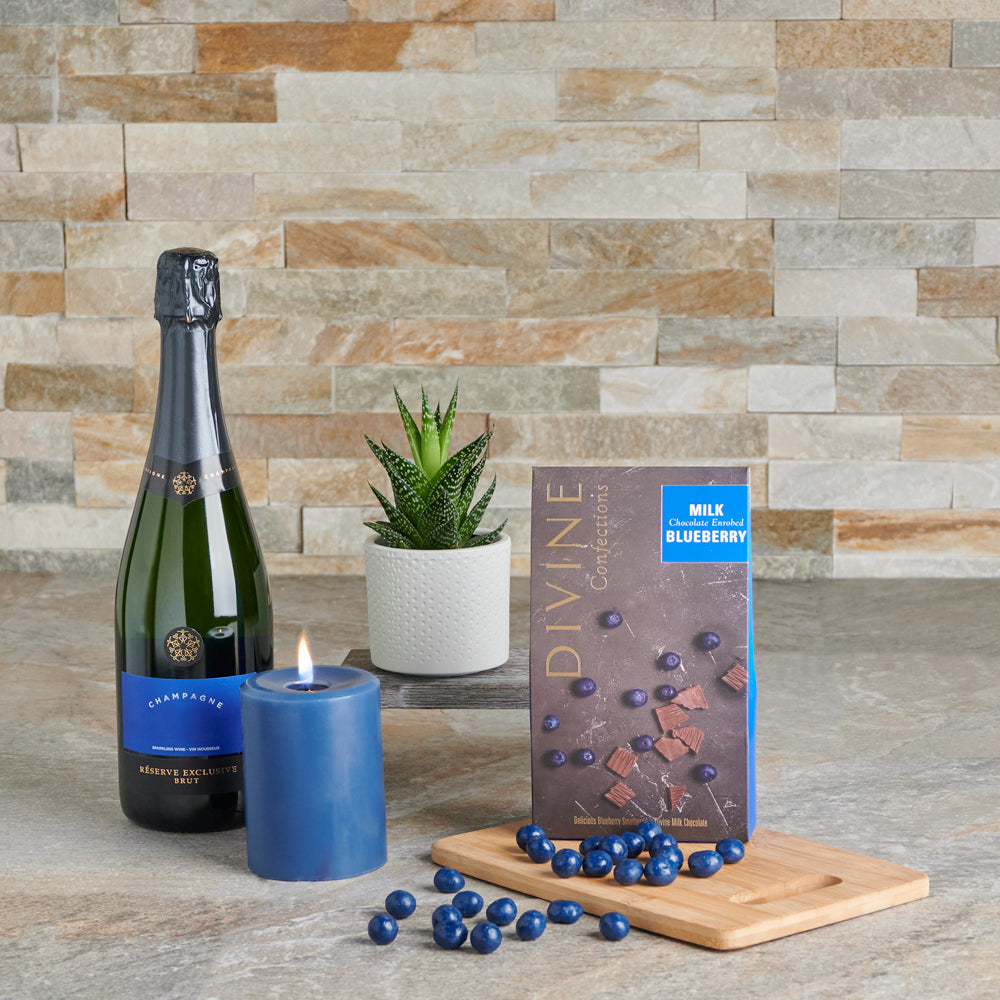 chocolate,  Champagne,  Canada Delivery, chocolate and blueberries champagne gift basket, champagne gift basket, gourmet gift basket delivery canada, toronto