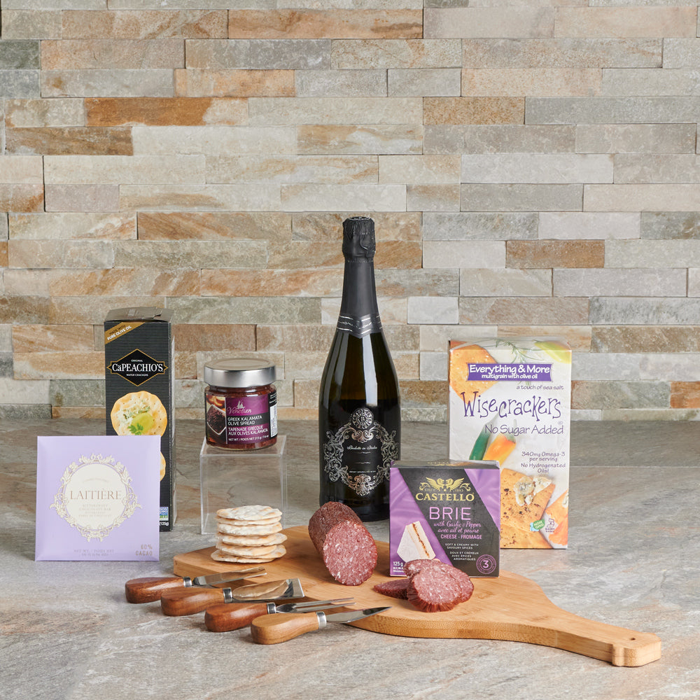 Cheese &amp; Savory Treats Champagne Gift Basket, Champagne Gift Baskets, Gourmet Gift Baskets, Canada Delivery