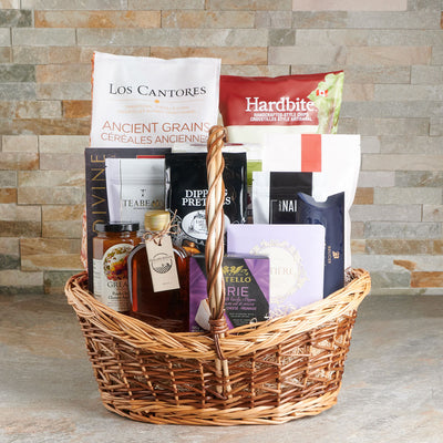 The Great Canadian Niagara Gift Basket, Gourmet Gift Baskets, Chocolate Gift Baskets, Canada Delivery, tortilla chips, beet chips, beets, crackers, early grey tea,, tea, maple syrup, chocolate, nuts, pistachios, peach chutney, chutney, peach, chocolate blueberries, chocolate cranberry