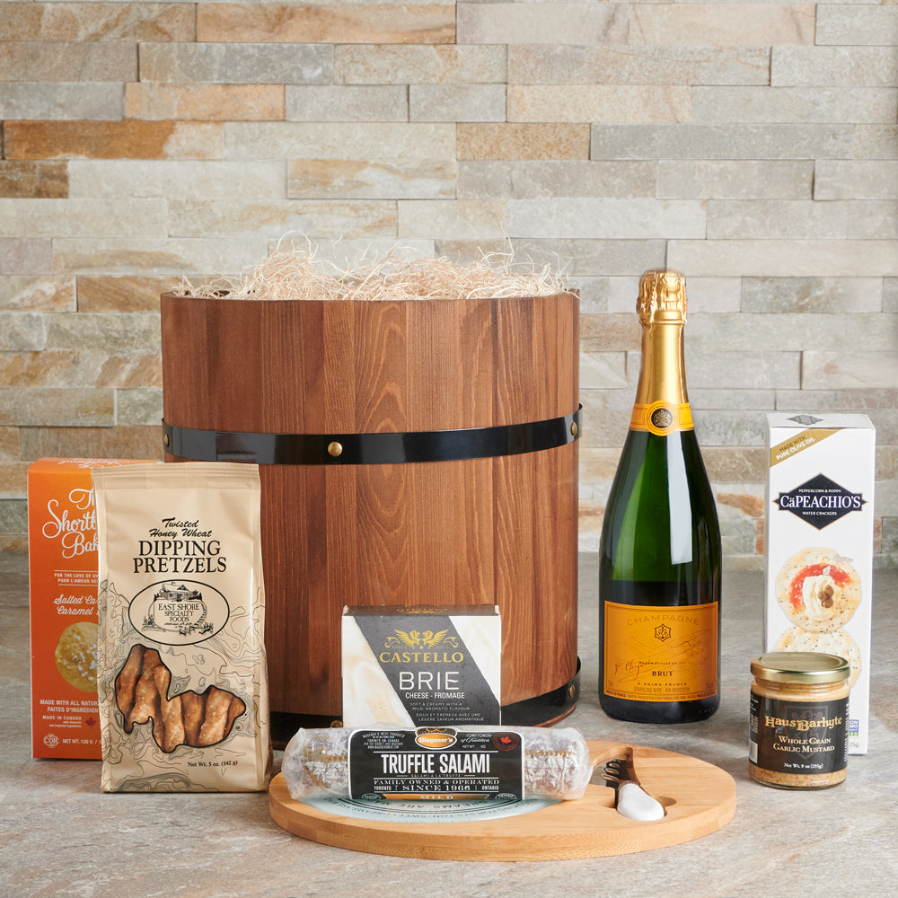 Delicious Gourmet Champagne &amp; Snack Barrel, Champagne Gift Baskets, Cheese Gift Baskets, Gourmet Gift Baskets, Canada Delivery