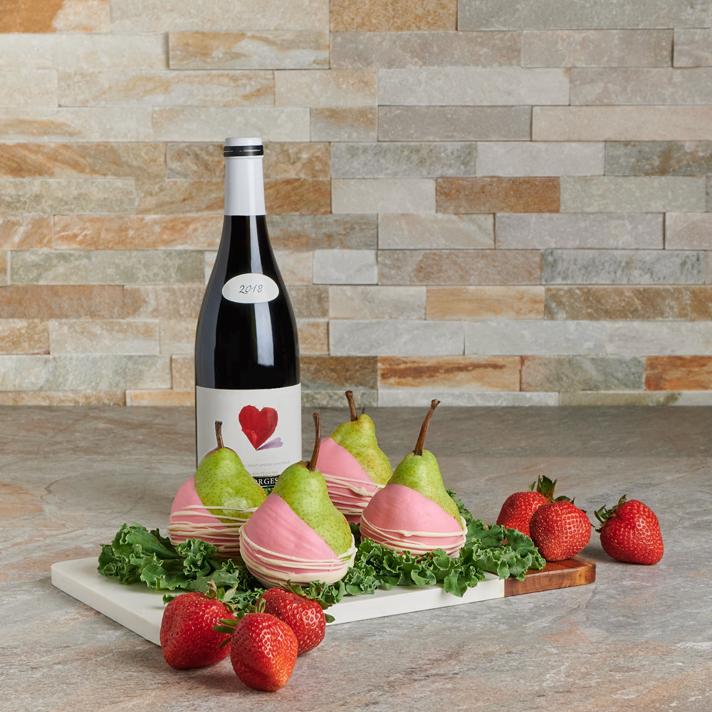 Chocolate Pear Platter &amp; Wine Gift Set – Wine gift baskets – Canada delivery, wine, wine gift baskets, baskets, gift baskets, baby, new baby, strawberry, strawberries, serving board, serving dish, chocolate dipped, chocolate dipped pears, pears, pear