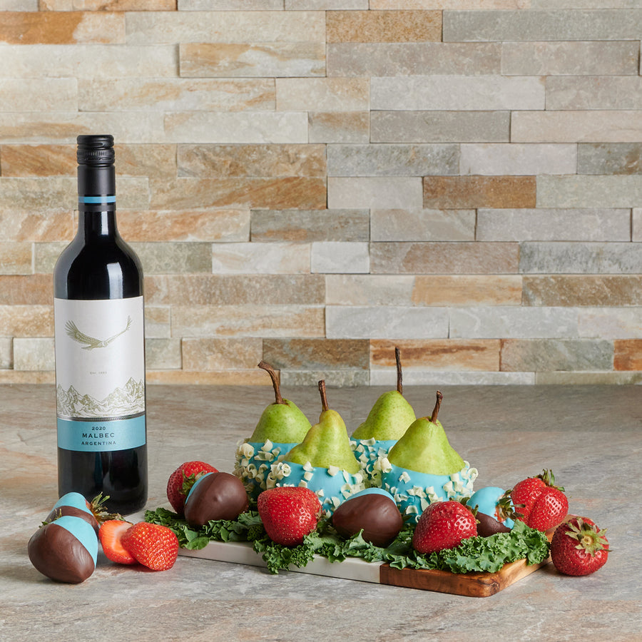 Chocolate Dipped Treats Gift Set with Wine – Wine gift baskets – Canada delivery, baskets, gift baskets, baby, new baby, strawberry, strawberries, chocolate dipped strawberries, chocolate strawberries, strawberries, strawberry, chocolate, serving board, serving dish, chocolate dipped, chocolate dipped pears, pears, pear, wine, wine gift baskets