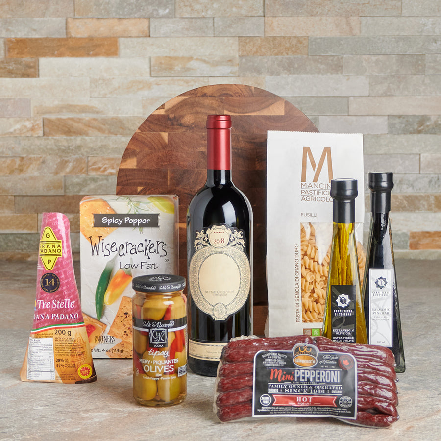 Italian, Snacks, pasta, Cheese, wine, gourmet gift baskets, gourmet, gourmet gift basket delivery, delivery gourmet gift basket, gift basket canada, canada gift basket, toronto