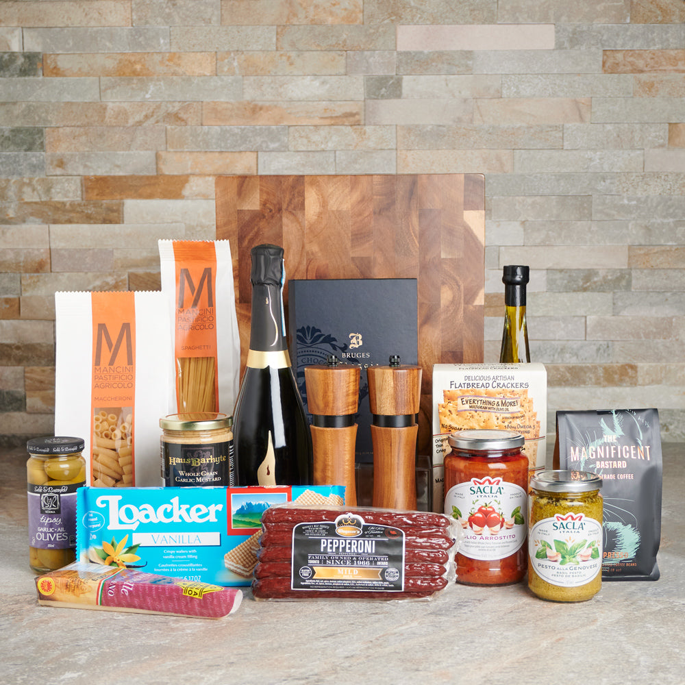 pasta, Meat, Cheese, Champagne, Italian, gourmet gifts, gourmet, Gourmet Gift Basket, gourmet gift basket delivery, delivery gourmet gift basket, gift basket canada, canada gift basket delivery, toronto