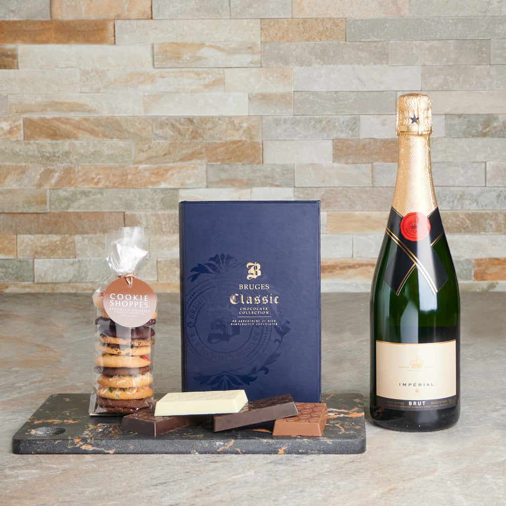 chocolate assortment, Chocolate, cookies, champagne gift set, Champagne, champagne gift basket delivery, delivery champagne gift basket, champagne gifts canada, canada champagne gifts, toronto